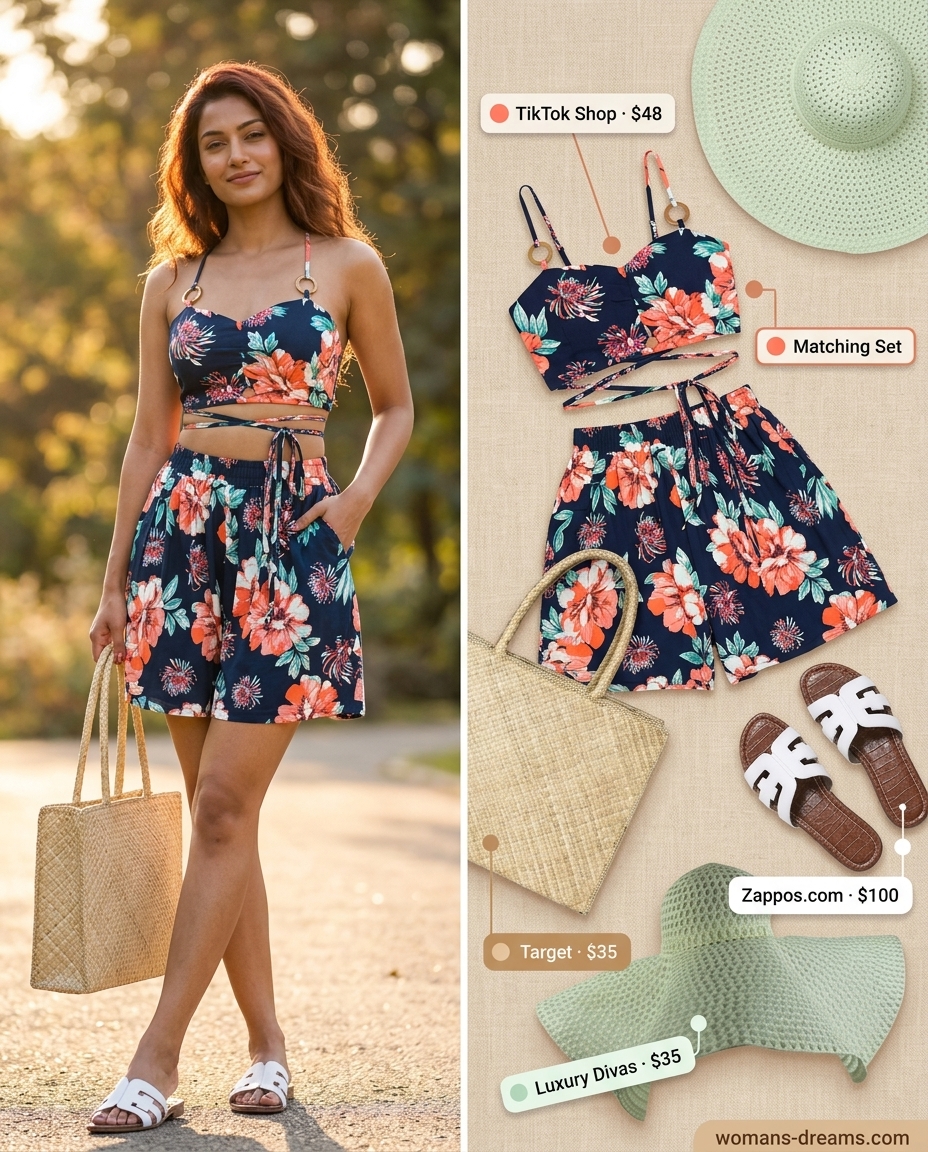 Summer outfits for women with auburn hair 2026: Coral/teal print set, straw hat, straw tote & flat sandals.