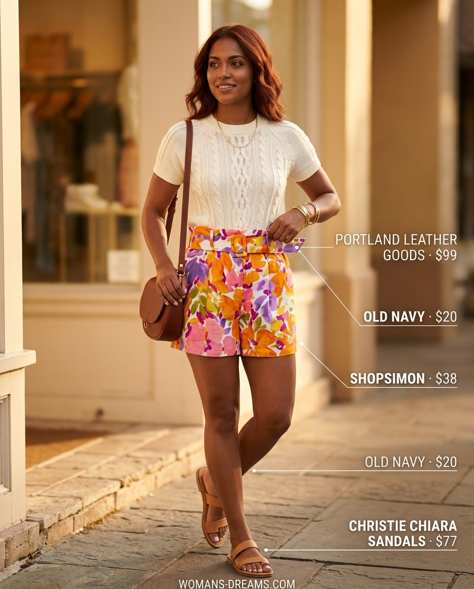 Summer outfits for women with auburn hair 2026: Printed shorts, cream knit top, flat sandals, gold bangles.