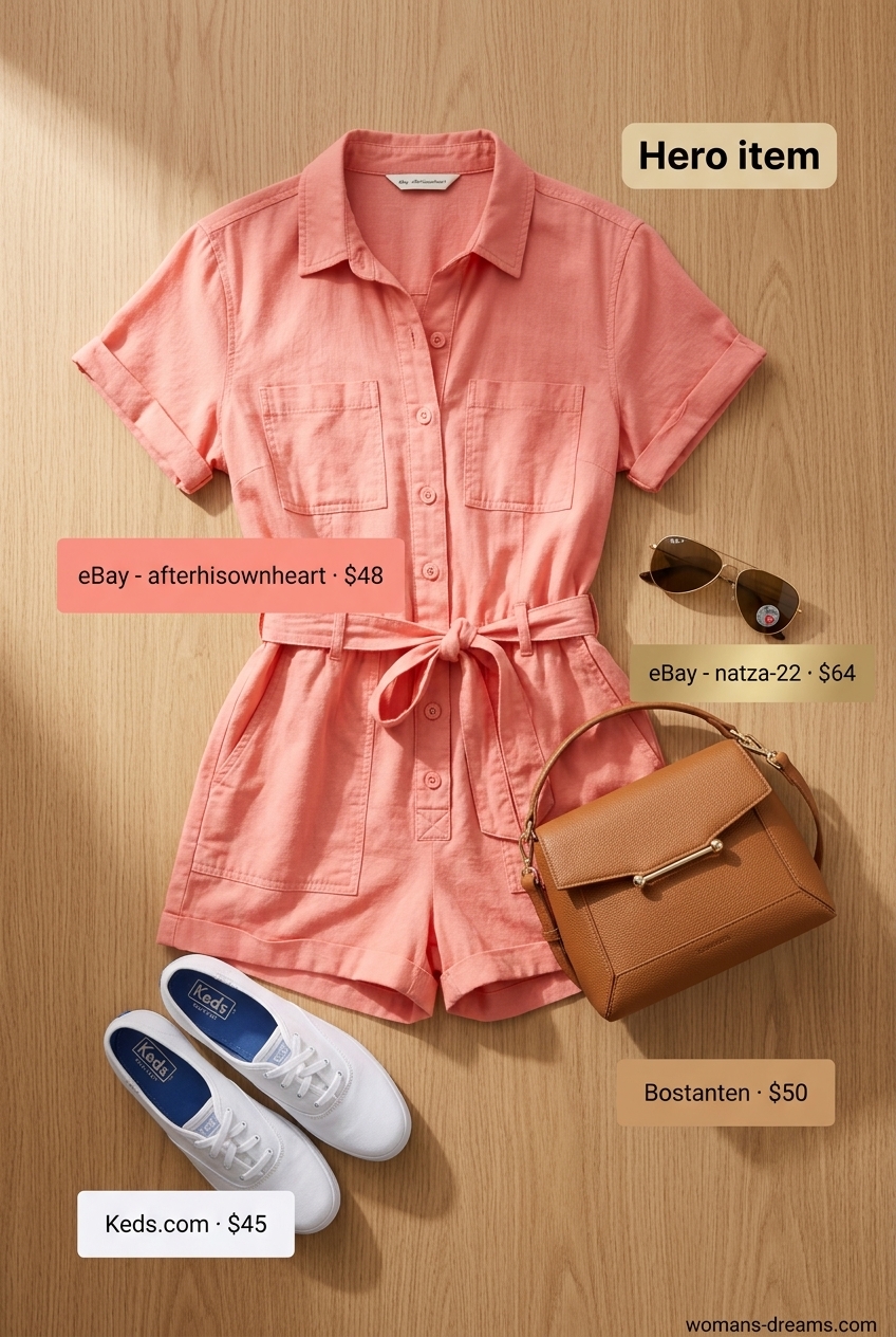 Summer outfits for women with auburn hair 2026: Soft coral utility romper, tan crossbody, white sneakers & aviators.