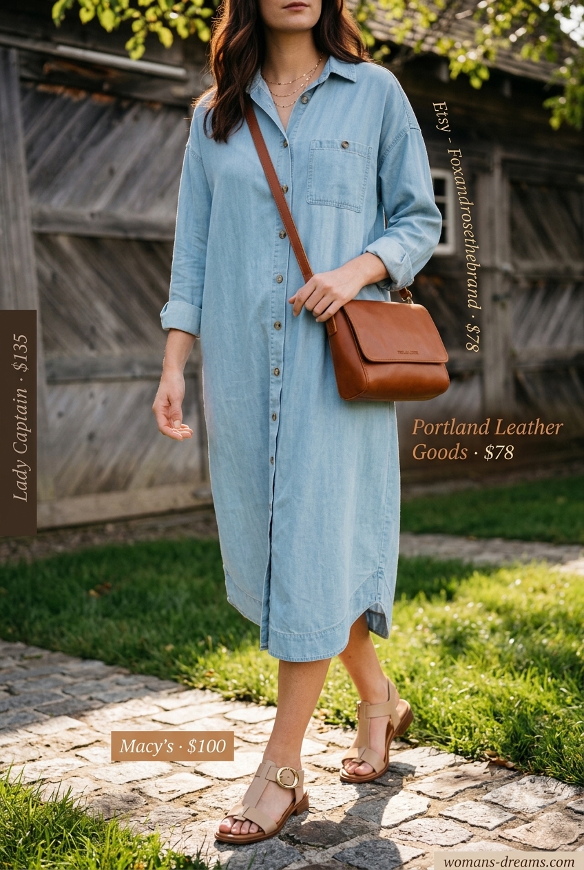 Summer outfits for women with auburn hair 2026: Chambray shirtdress, tan leather sandals, crossbody bag.
