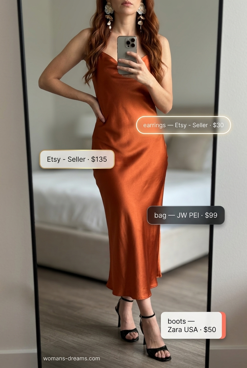 Summer outfits for women with auburn hair 2026: Burnt orange slip dress, black clutch, gold earrings & strappy heels.