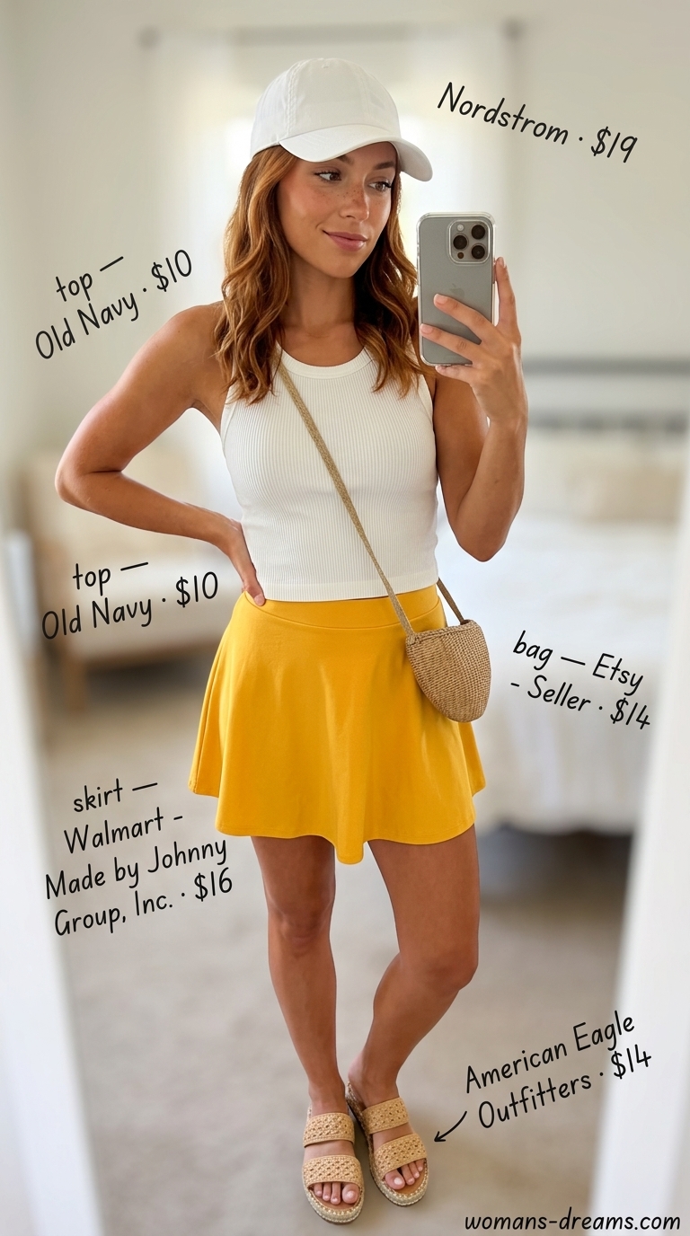 Summer outfits for women with auburn hair 2026: Yellow A-line mini skirt, white tank, and espadrilles for casual days.