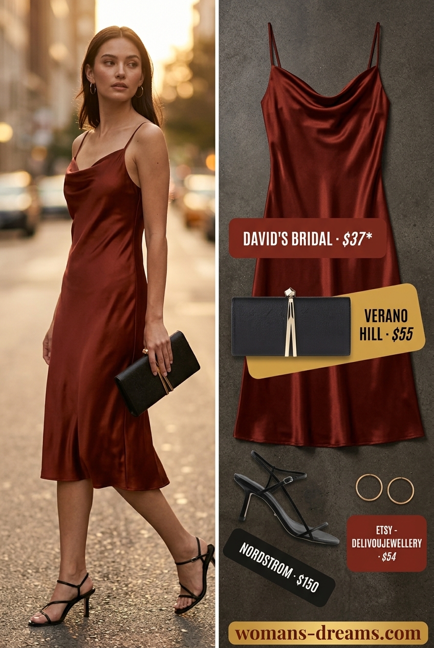 Summer outfits for women with auburn hair 2026: Auburn slip dress with black heels and gold earrings for date night.