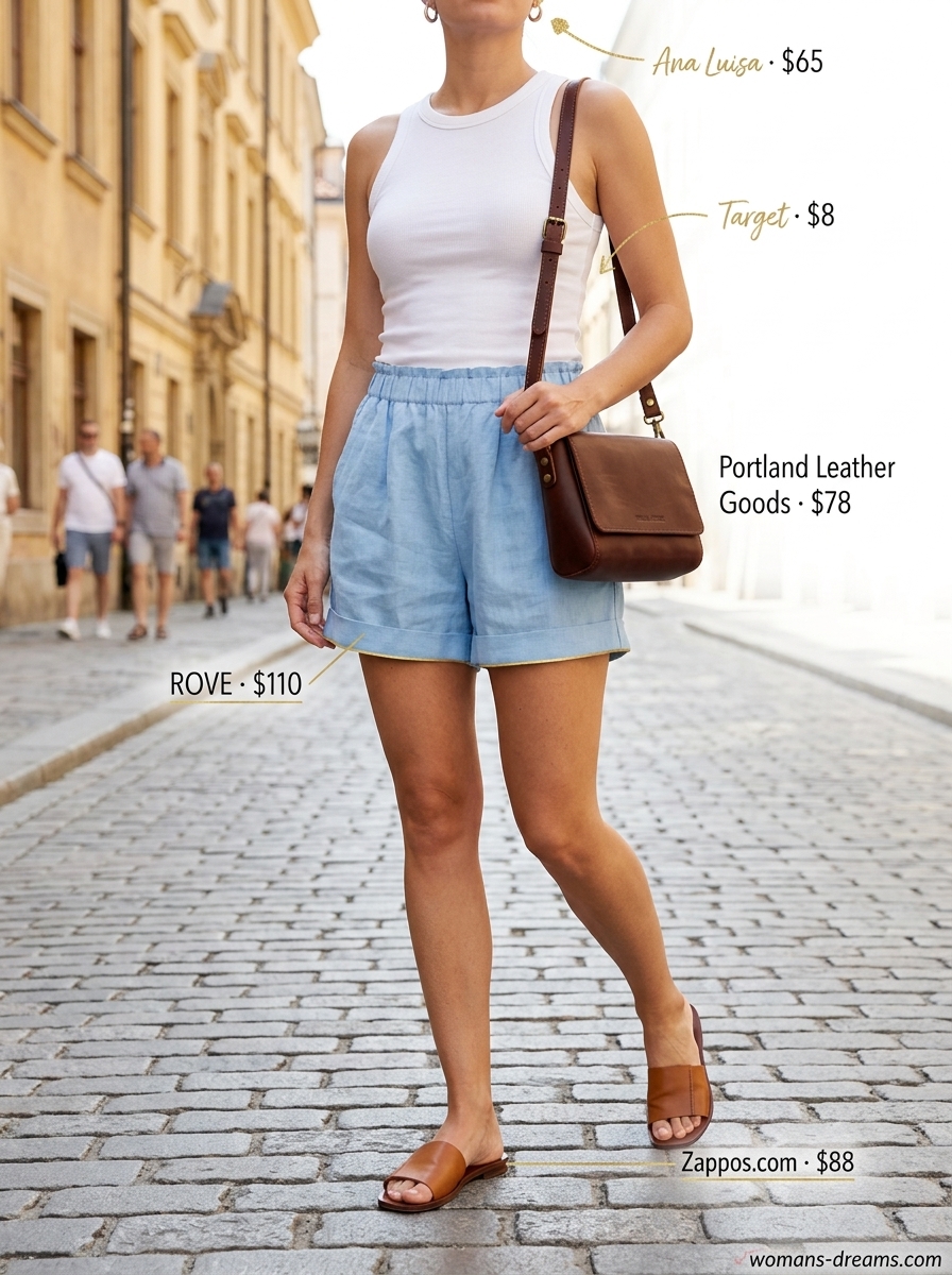 Summer outfits for women with auburn hair 2026: Sky blue linen set with white tank and tan sandals for city exploring.
