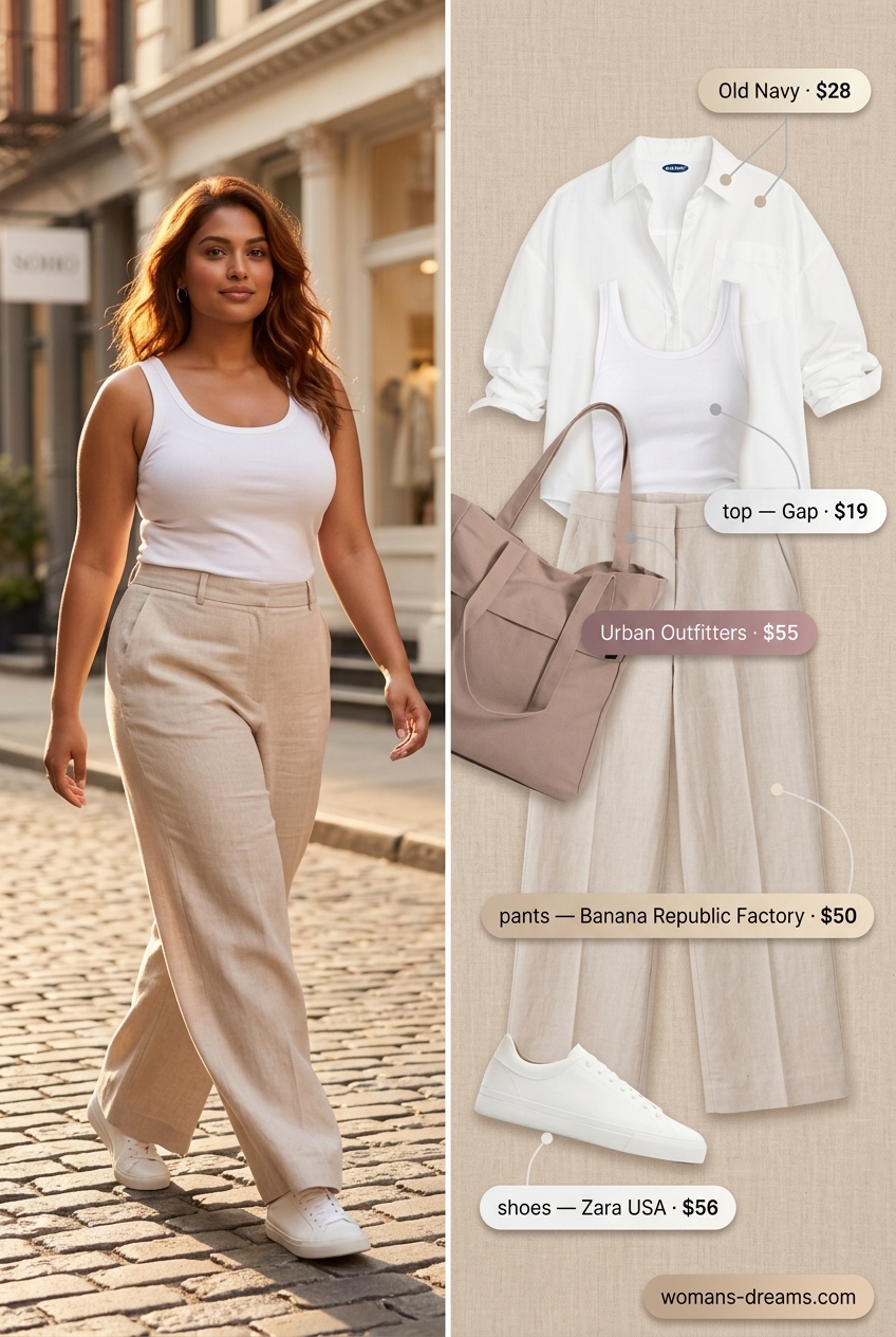 Summer outfits for women with auburn hair 2026: Sandstone wide-leg pants, white shirt, tank, sneakers & canvas tote.