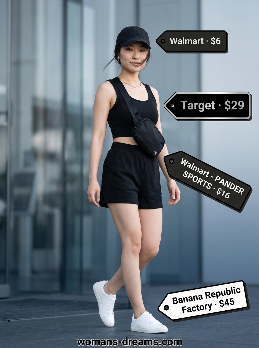 Elevated athleisure summer outfit for women with black hair 2026: black matching set, white sneakers, belt bag.