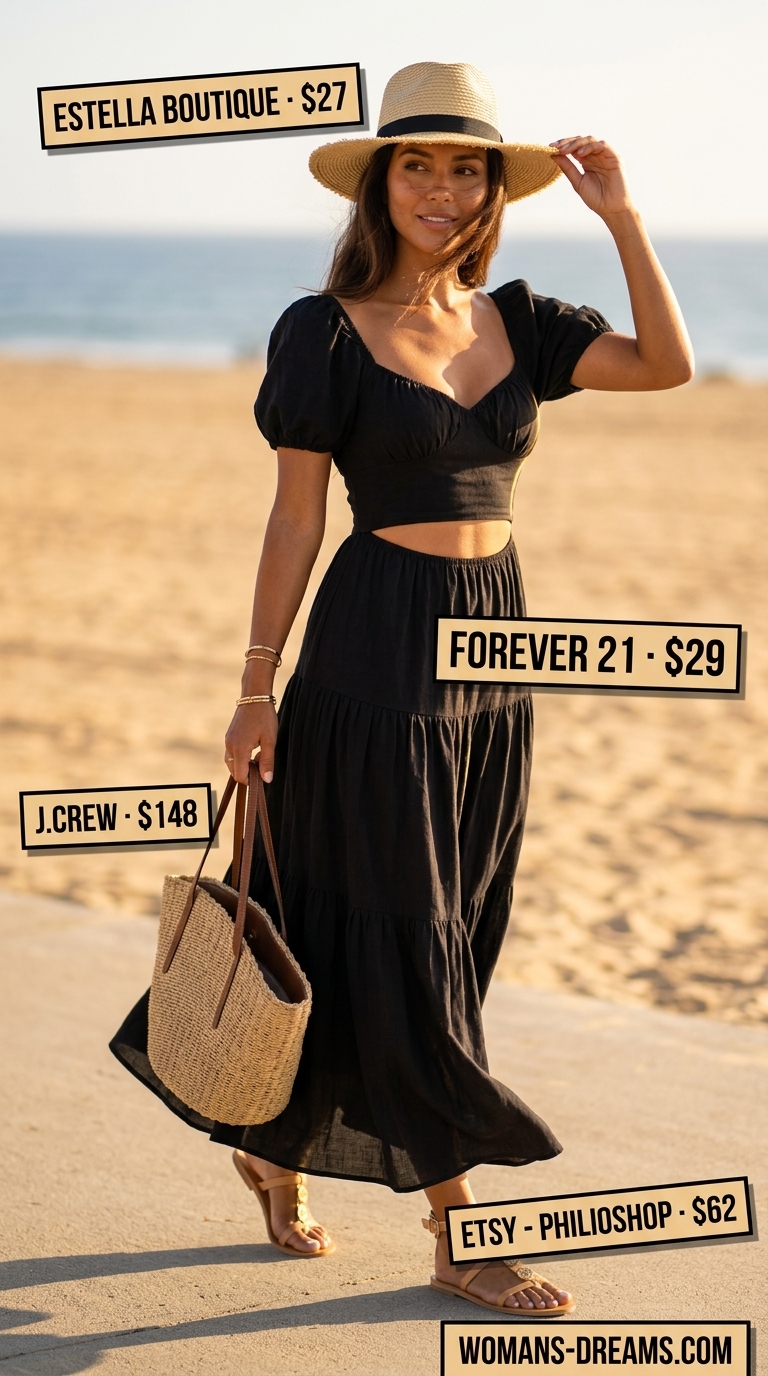 Summer outfits for women with black hair 2026: Black maxi dress, straw hat, embellished sandals for a boho beach look.