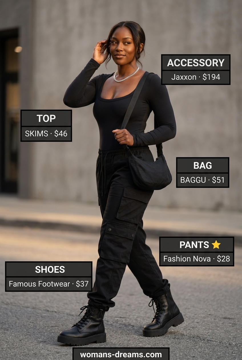 Edgy summer outfits for women with black hair 2026: black cargo pants, bodysuit, combat boots, silver necklace.
