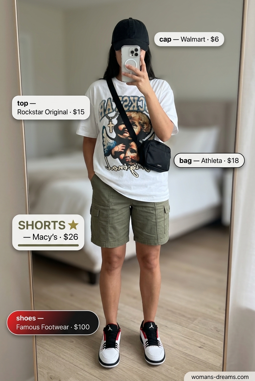 Summer outfits for women with black hair 2026: Khaki cargo shorts, graphic tee, sneakers for casual weekend style.
