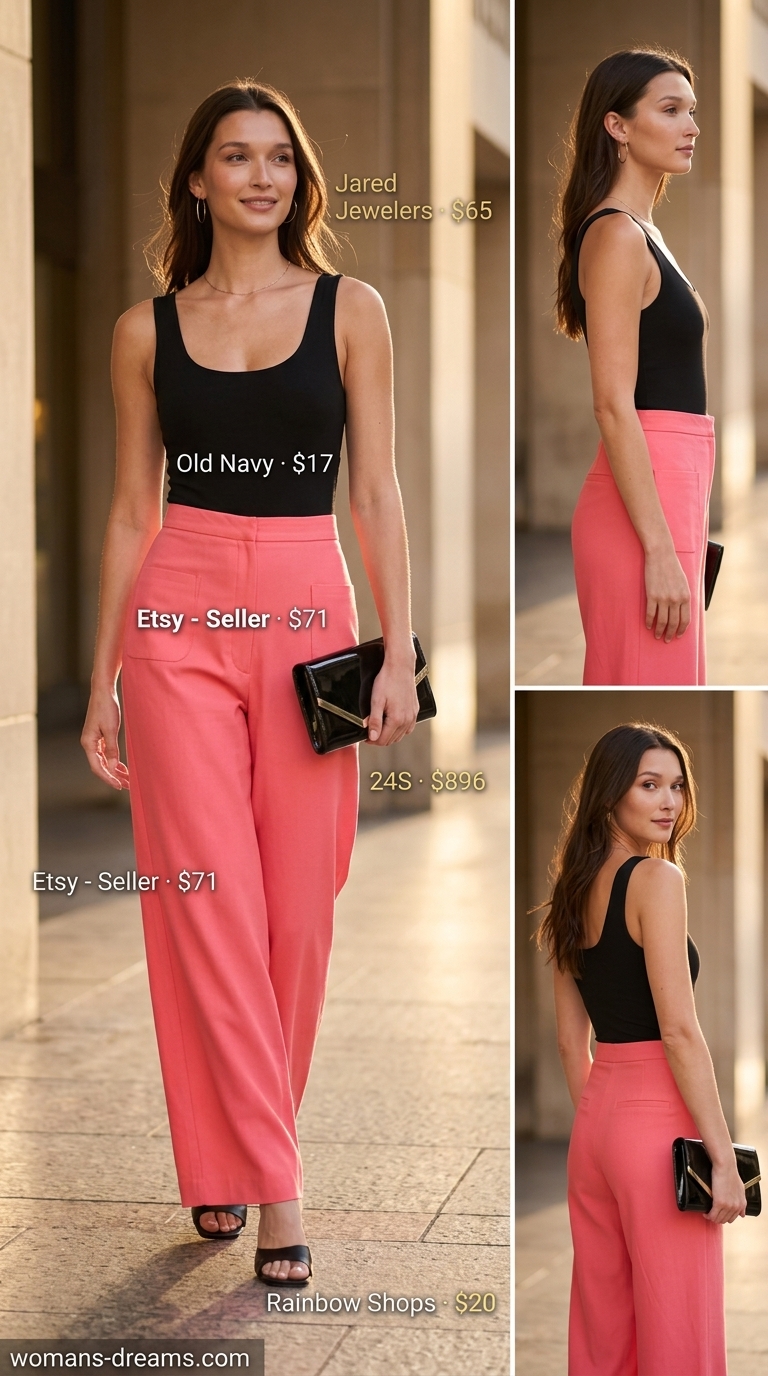 Summer outfits for women with black hair 2026: Coral wide leg pants, black bodysuit, gold earrings for evening events.