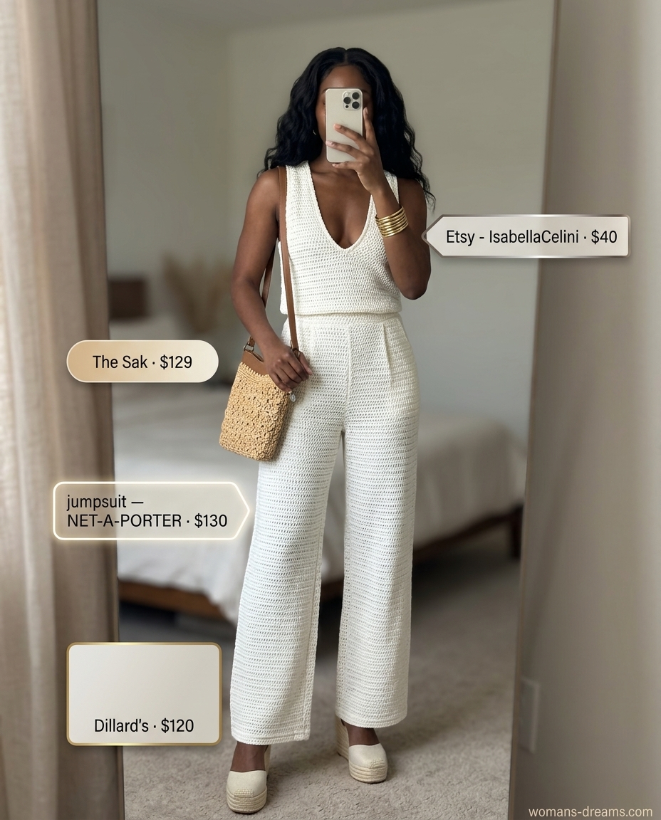 Summer outfits for women with black hair 2026: Ivory crochet jumpsuit, espadrilles, straw bag for resort wear.
