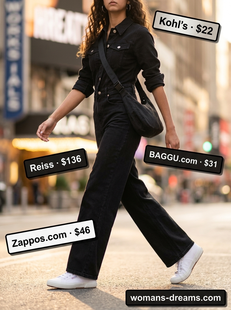 Summer outfits for women with black hair 2026: Black denim utility jumpsuit, white sneakers, belt bag for casual travel.
