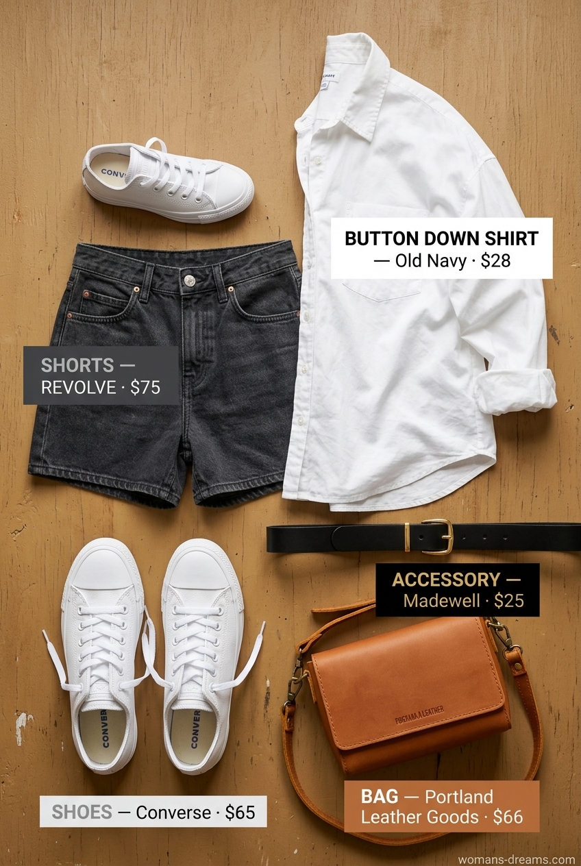 Summer outfits for women with black hair 2026: Black denim shorts, oversized white shirt, sneakers for casual day out.