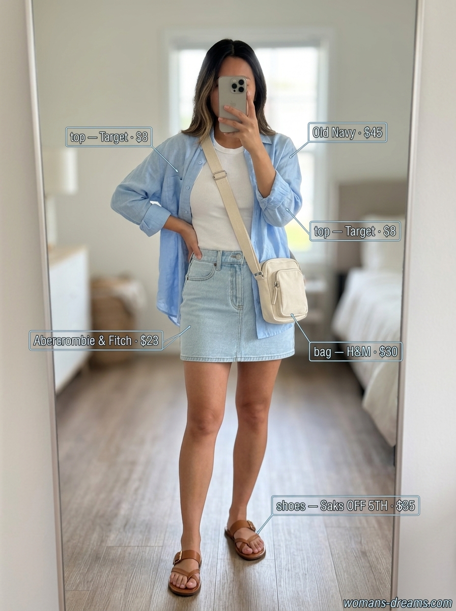 Casual summer outfits for women with black hair 2026: denim mini skirt, white tank, linen shirt, tan sandals.