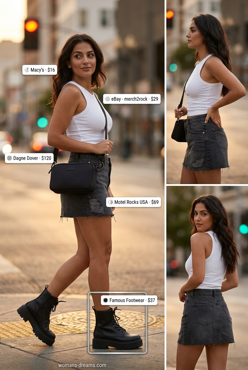 Black denim mini skirt outfit for summer outfits for women with black hair 2026. Edgy concert look with graphic tee & combat boots.