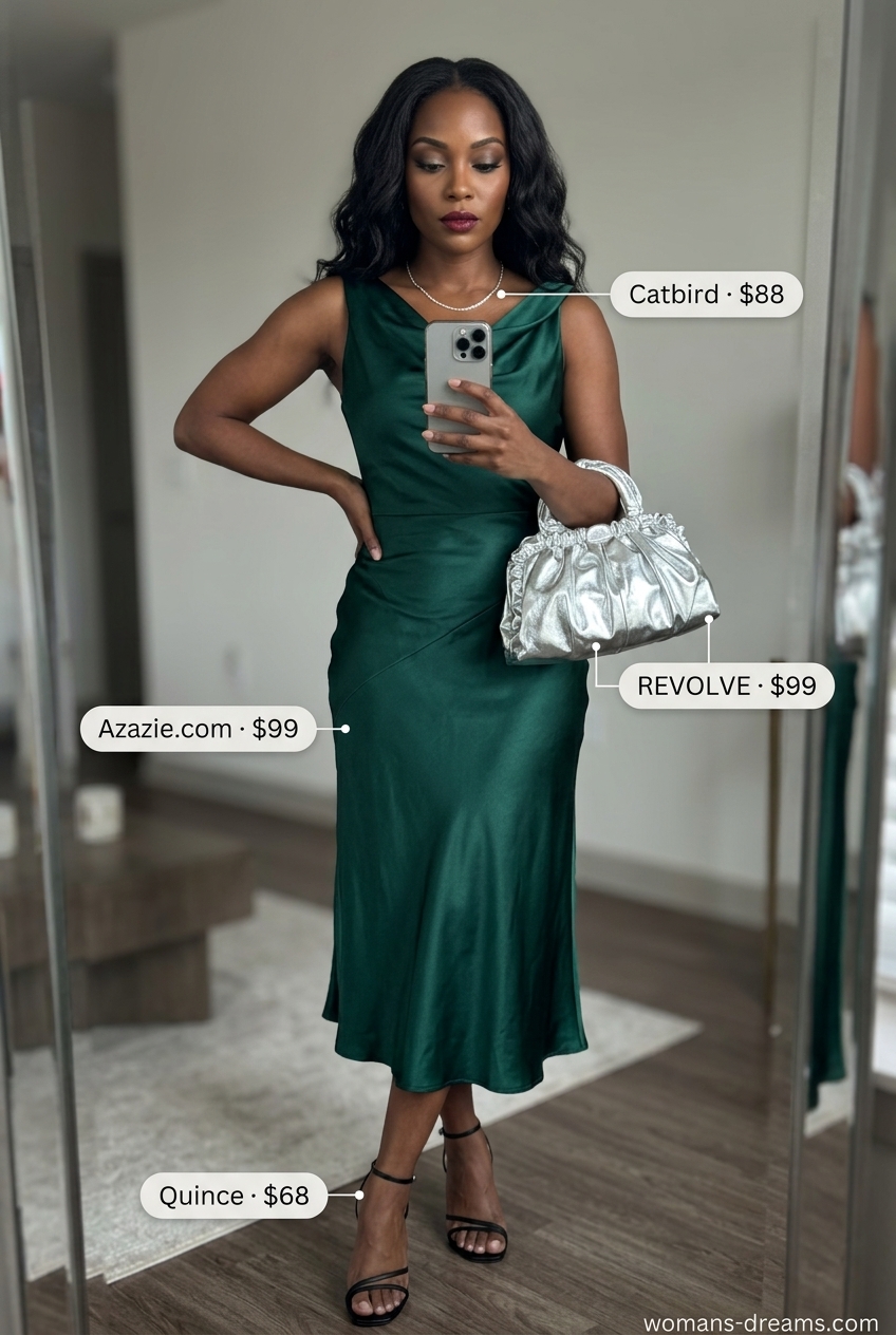 Emerald green satin slip dress for summer outfits for women with black hair 2026. Sophisticated evening out or date night look.
