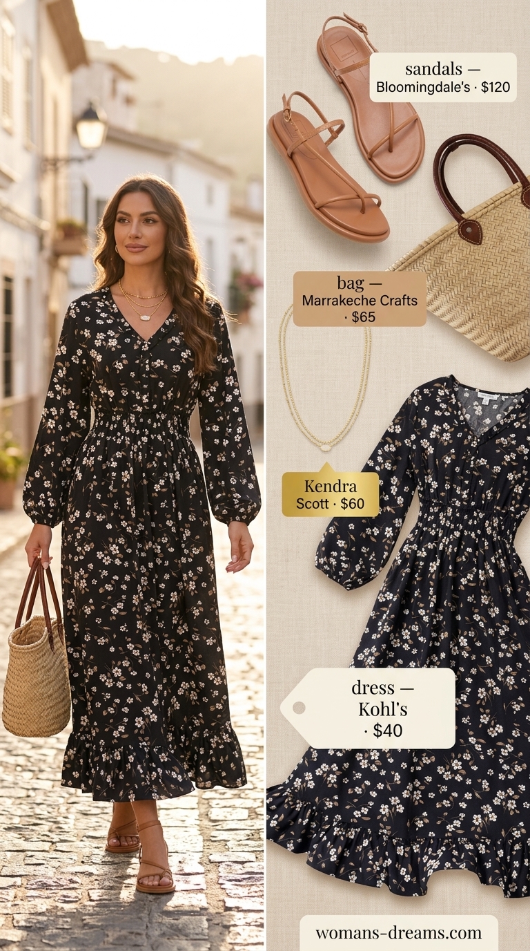 Black and white floral maxi dress for summer outfits for women with black hair 2026. Relaxed beach day or casual outing look.