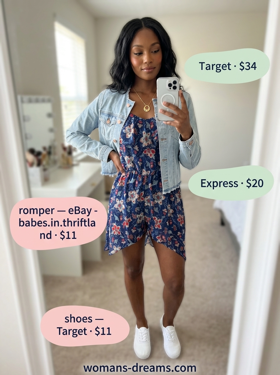 Playful summer outfits for women with black hair 2026: floral romper, denim jacket, white sneakers, gold necklace.