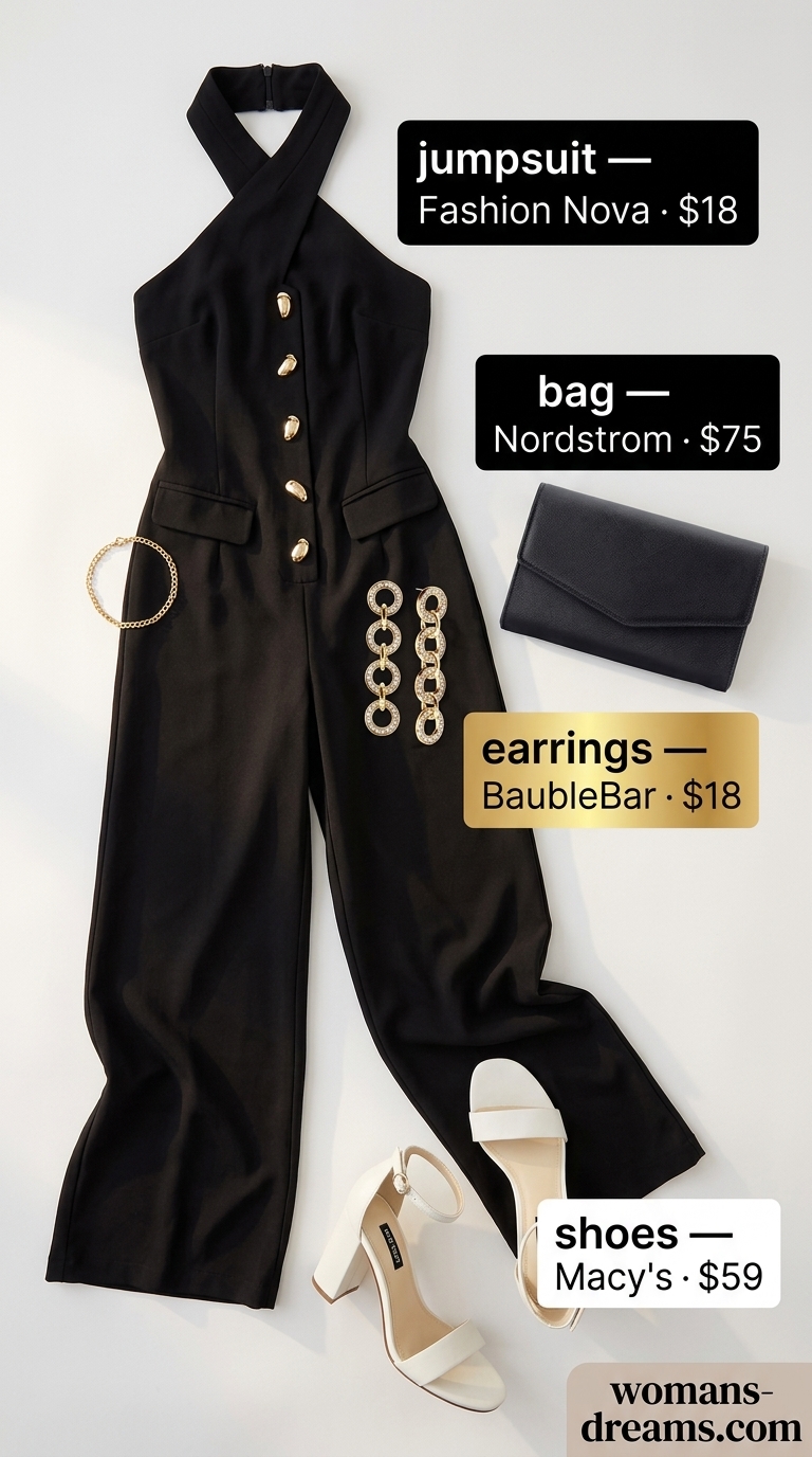 Black wide-leg halter jumpsuit for summer outfits for women with black hair 2026. Effortless summer party or date night look.