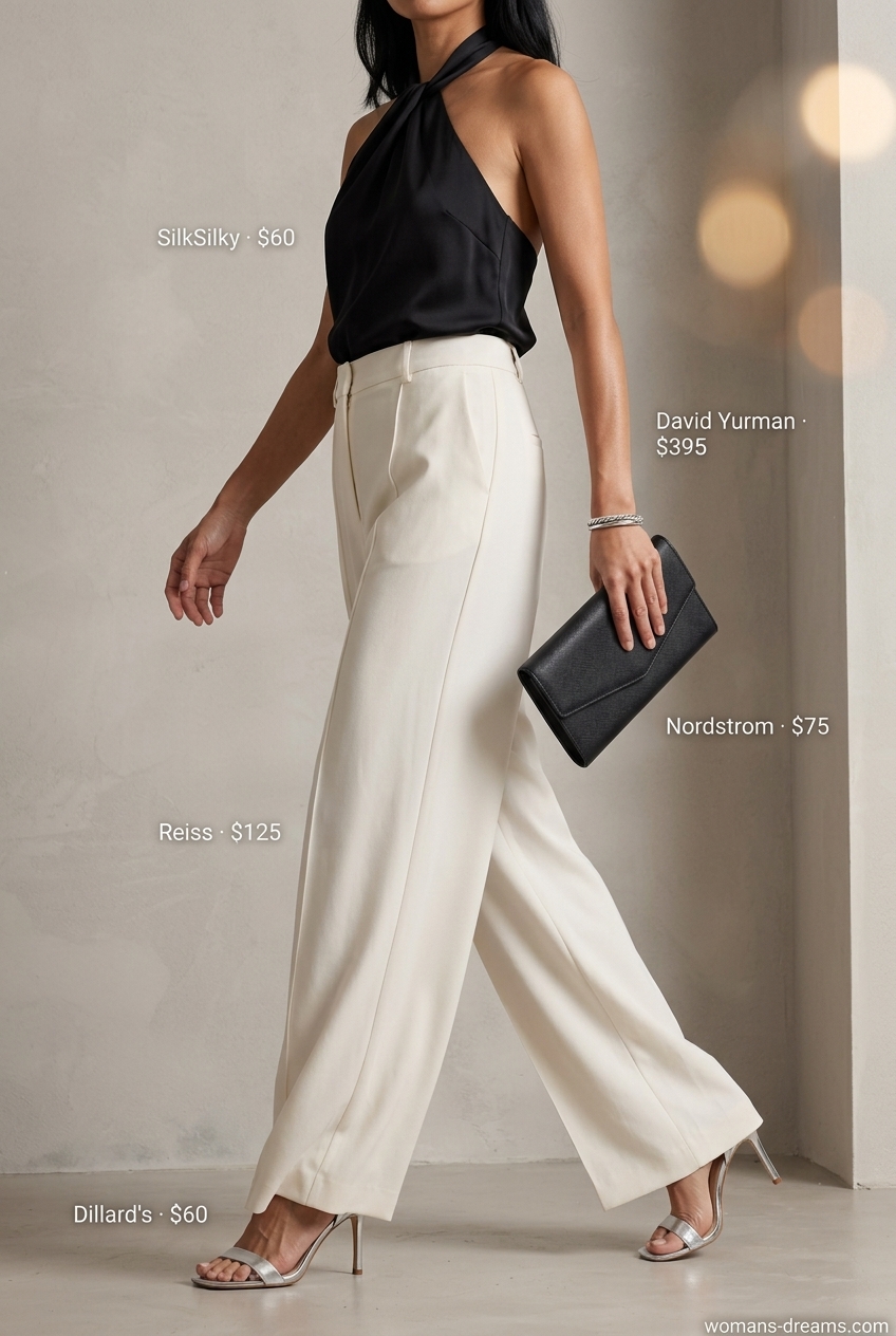 Black halter top with white wide-leg pants for summer outfits for women with black hair 2026. Chic cocktail party or dinner look.