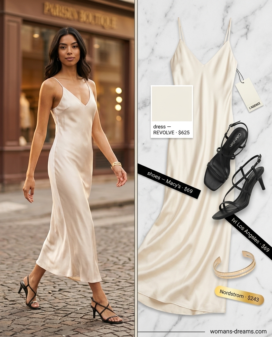 Ivory slip dress outfit for summer outfits for women with black hair 2026. Elegant date night or wedding guest look.