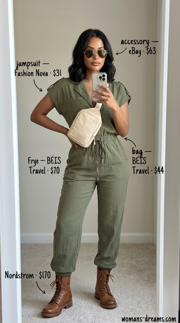 Adventurous summer outfits for women with black hair 2026: olive green utility jumpsuit, leather boots, aviators.
