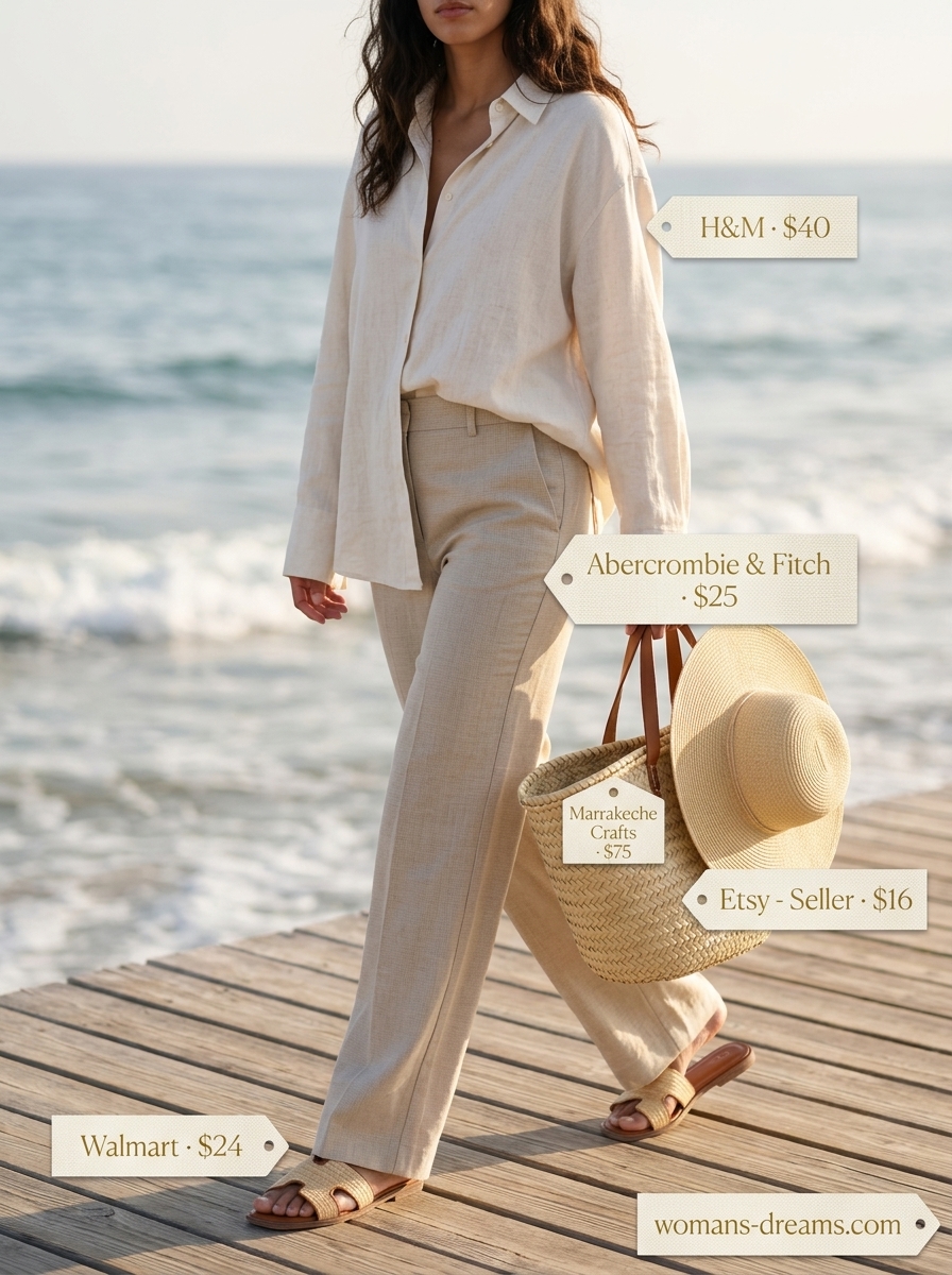 Airy summer outfits for women with black hair 2026: beige linen pants, cream shirt, straw hat, tote bag.