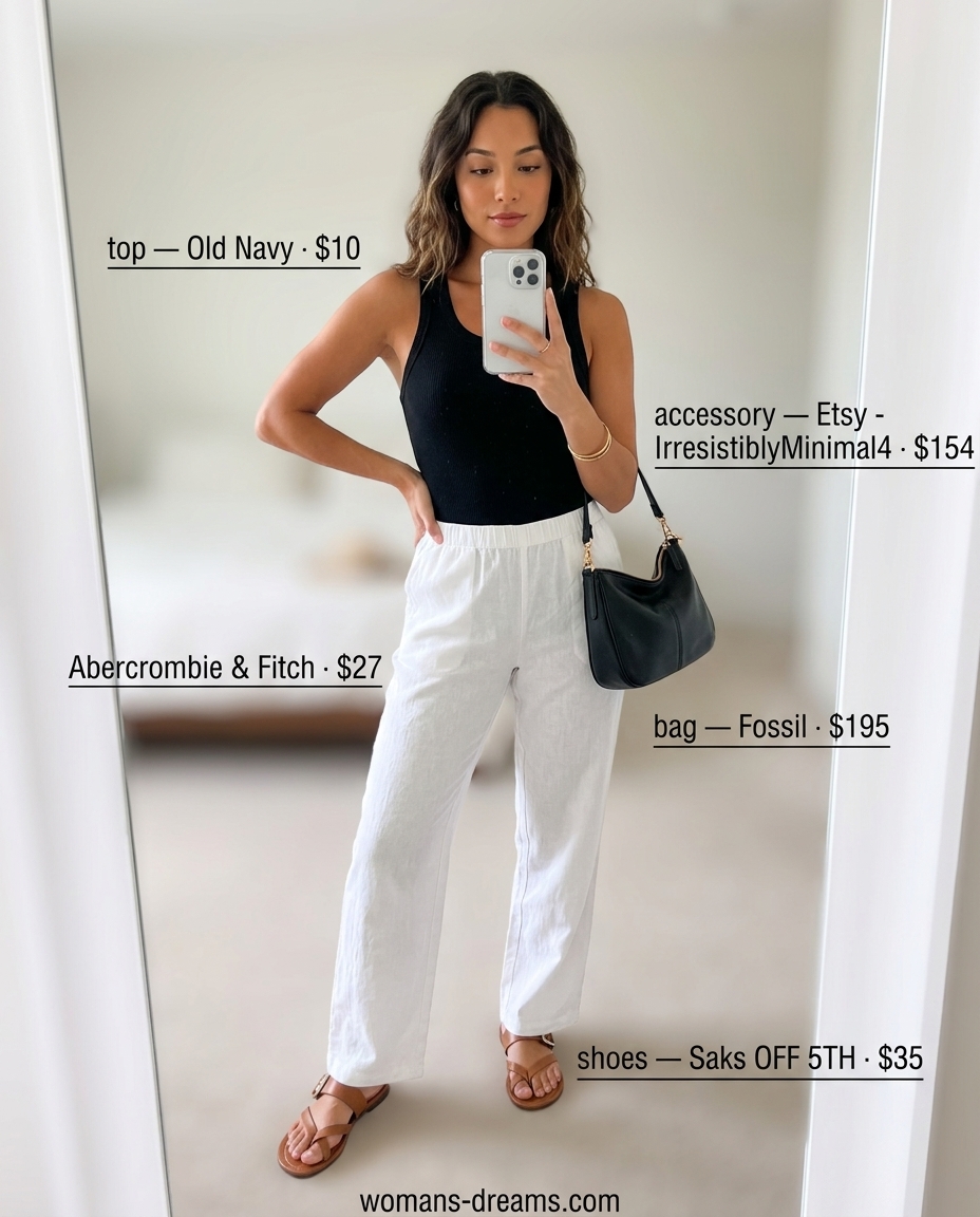 Summer outfits for women with black hair 2026: White linen pants, black tank, leather sandals for a chic day out.