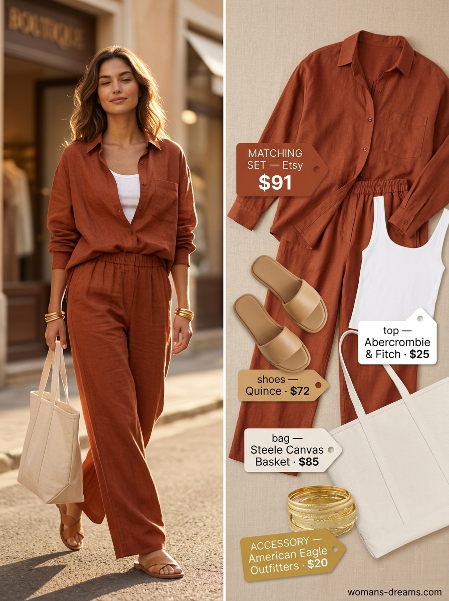 Relaxed summer outfits for women with black hair 2026: beige linen set, white tank, leather slides, tote bag.