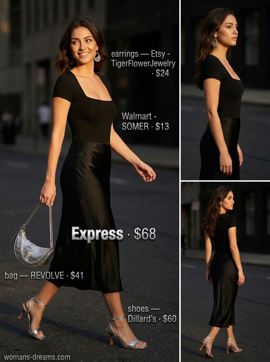 Black satin midi skirt outfit for summer outfits for women with black hair 2026. Sophisticated date night or dinner look.