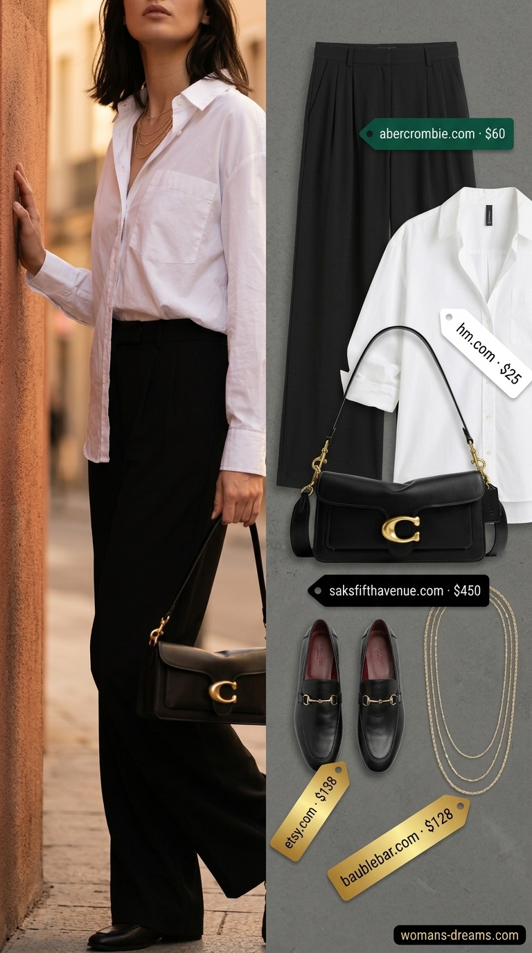 Chic summer outfits for women with black hair 2026: black wide-leg pants, white shirt, loafers, crossbody bag.