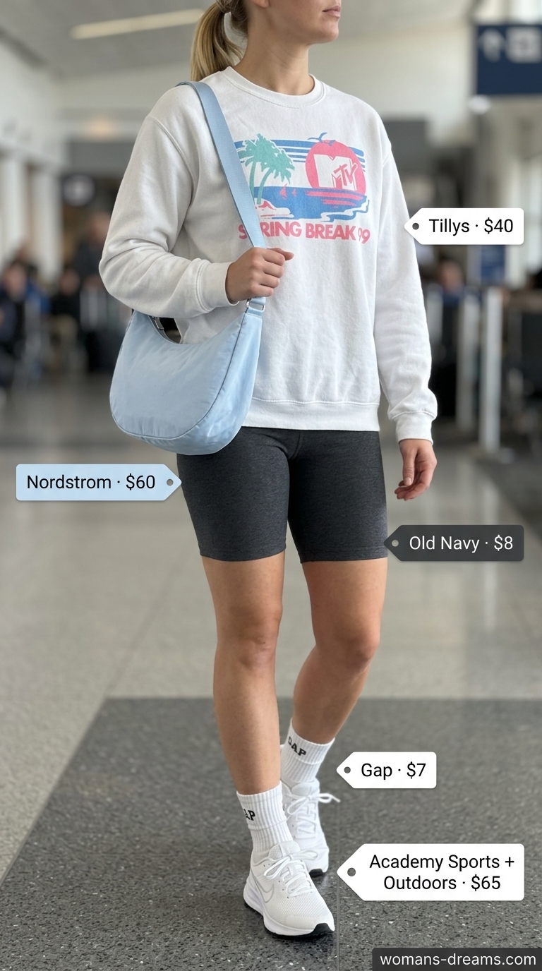 Sporty chic athleisure set with biker shorts for summer outfits for women with blonde hair 2026. Comfortable casual errands look.