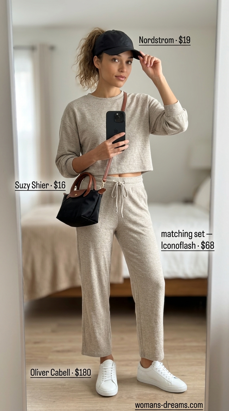Elevated athleisure set in stone beige for summer outfits for women with blonde hair 2026. Comfortable travel or errands outfit.