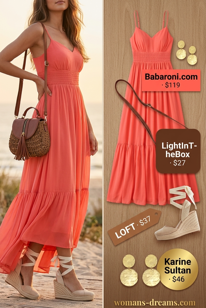 Sunset coral flowy maxi dress for summer outfits for women with blonde hair 2026. Romantic evening wear with espadrilles.