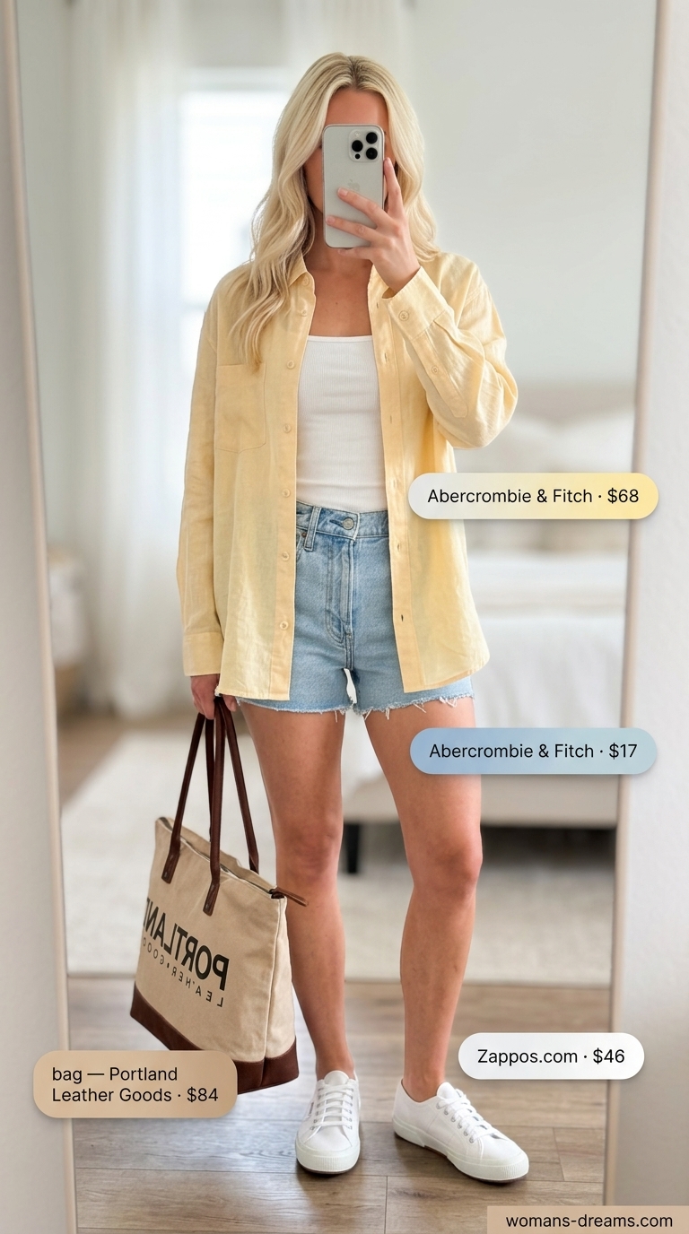Weekend market explorer outfit with denim shorts for summer outfits for women with blonde hair 2026. Casual and comfortable look.