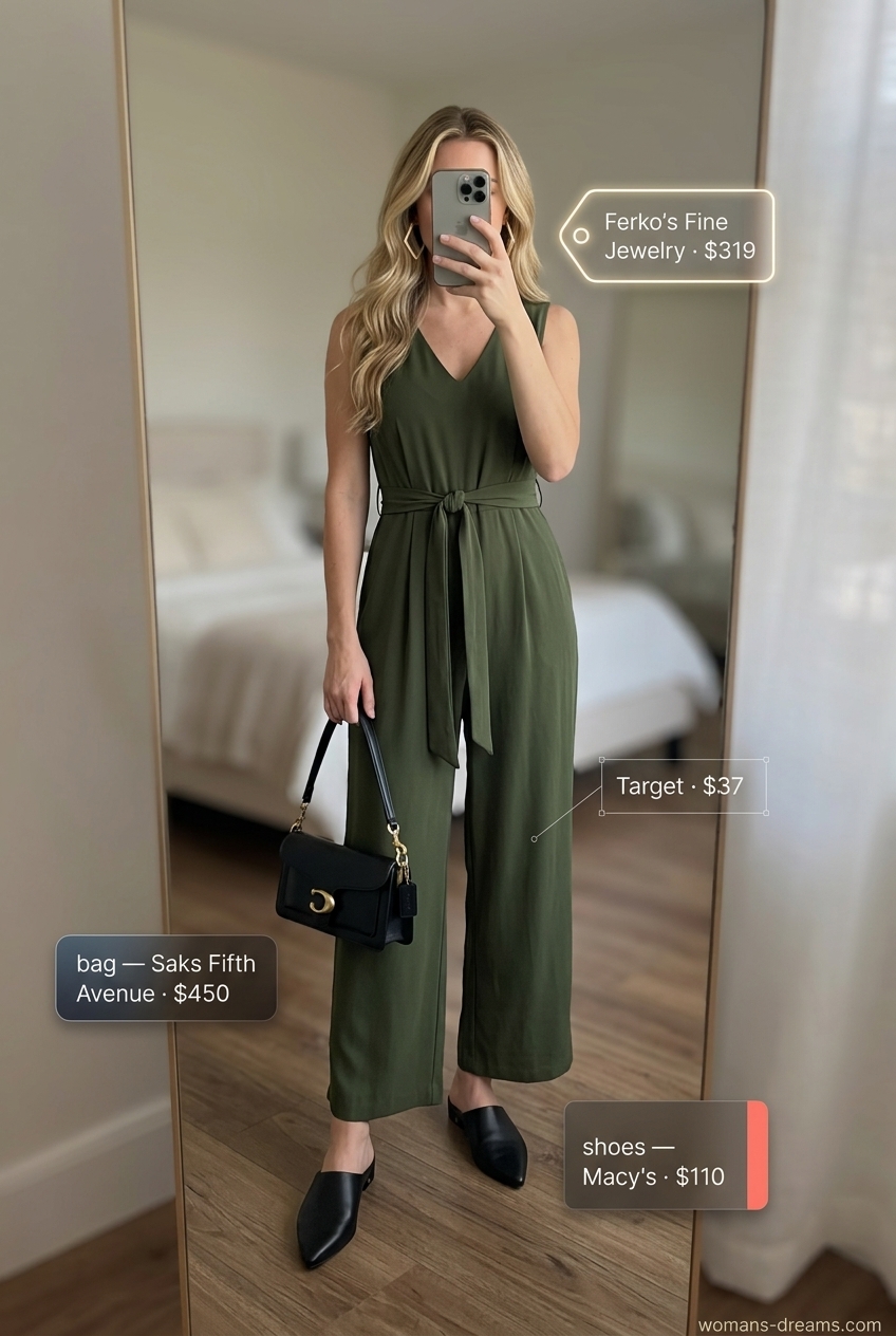 Chic olive green jumpsuit for summer outfits for women with blonde hair 2026. Sophisticated city exploration or evening drinks look.