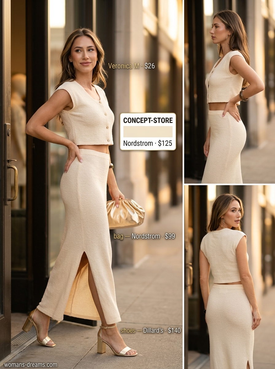 Summer outfits for women with blonde hair 2026: Chic cream knit co-ord set with gold accessories for evening.