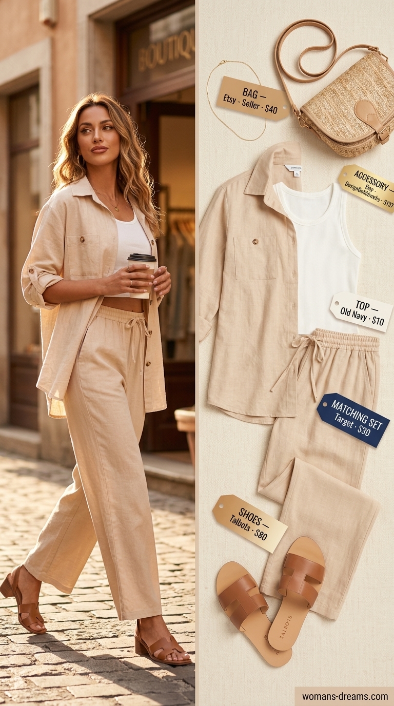 Summer outfits for women with blonde hair 2026: Breezy linen set with tank and slides for daytime casual.