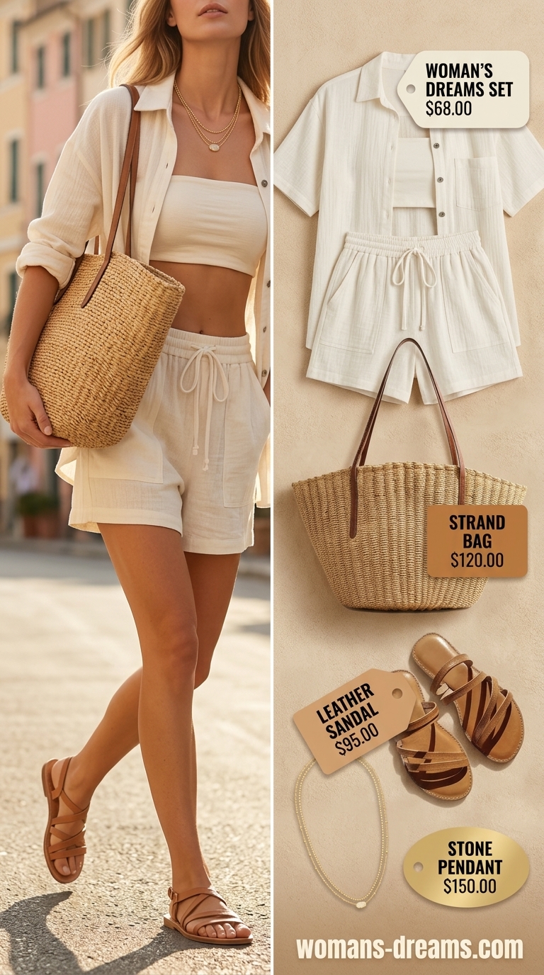 Coastal Breeze linen set for summer outfits for women with blonde hair 2026. Off-white shorts & shirt with tan sandals & straw tote.