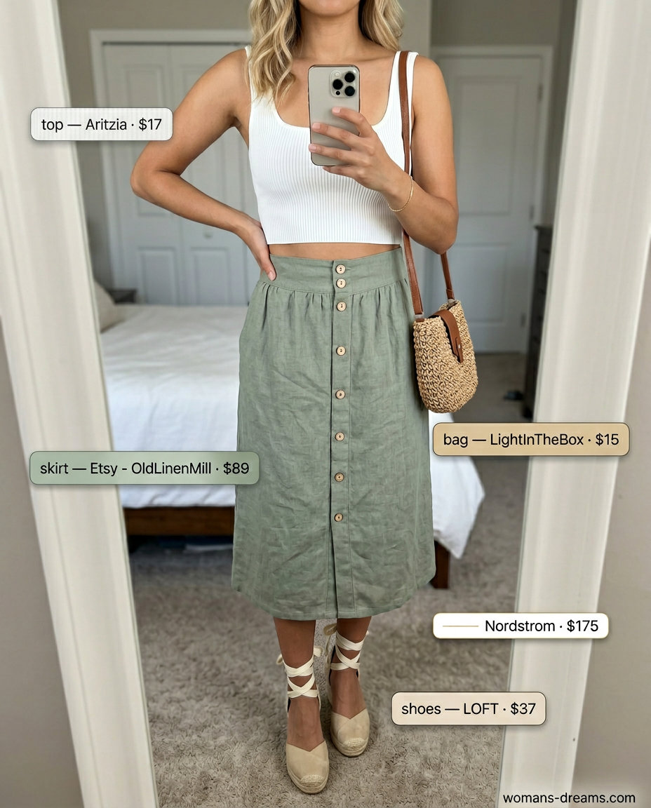 Summer outfits for women with blonde hair 2026: Sage green midi skirt, white crop top, espadrilles, and straw bag.