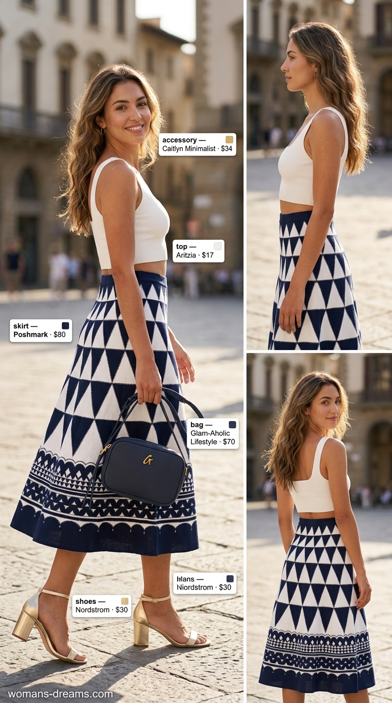 Summer outfits for women with blonde hair 2026: White crop top, navy geometric midi skirt, and gold accessories.