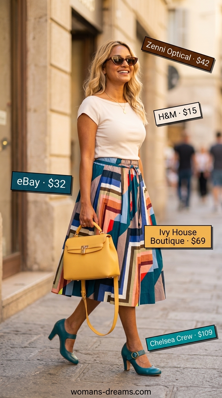 Retro mustard yellow midi skirt & teal top for summer outfits for women with blonde hair 2026. Playful chic outfit.