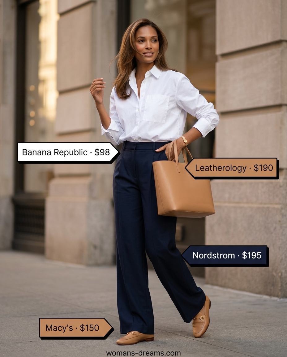 Tailored navy trousers & white blouse for summer outfits for women with blonde hair 2026. Smart casual look with loafers.