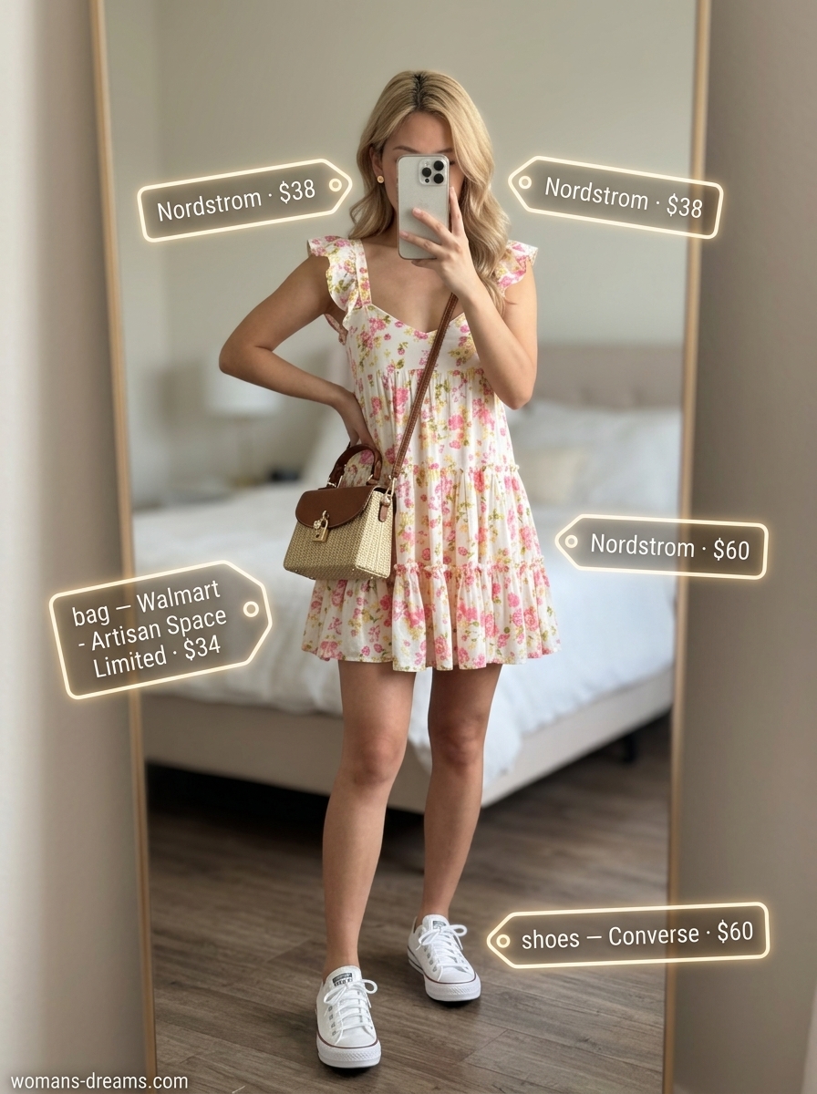 Picnic perfect pastel floral sundress for summer outfits for women with blonde hair 2026. Sweet and feminine garden party look.