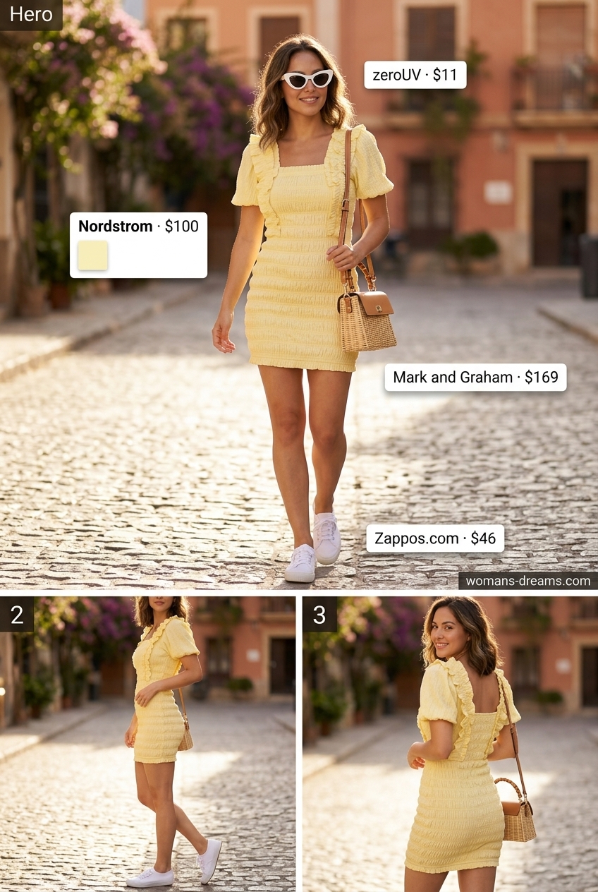 Sunny yellow mini dress for summer outfits for women with blonde hair 2026. Playful and cheerful daytime look.