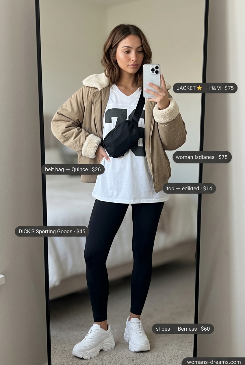 Summer outfits for women with brown hair 2026: Black leggings, beige bomber jacket, graphic tee for weekend athleisure.