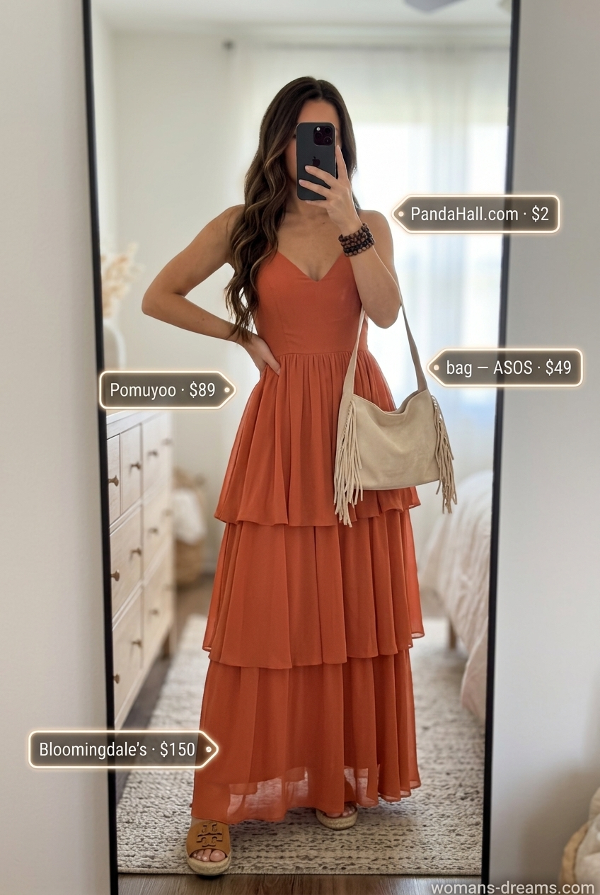 Summer outfits for women with brown hair 2026: Terracotta tiered maxi dress, suede fringe bag for casual day out.