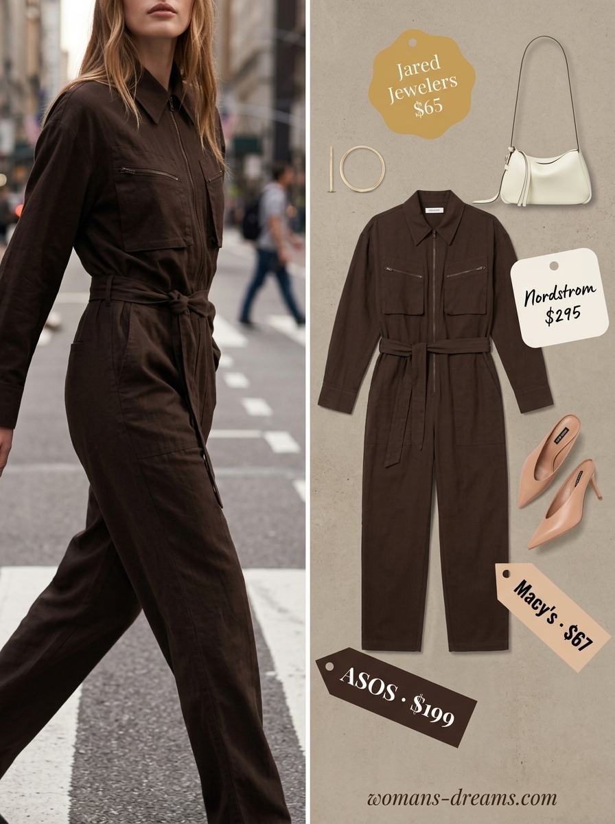 Summer outfits for women with brown hair 2026: Chocolate brown utility jumpsuit, nude mules for polished daytime look.