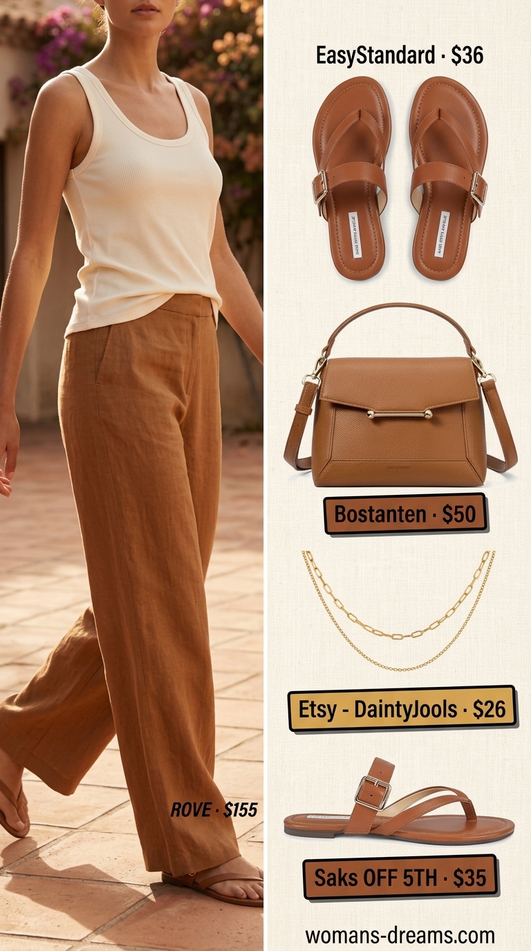 Summer outfits for women with brown hair 2026: Caramel linen pants, ivory tank, flat sandals for relaxed chic brunch.
