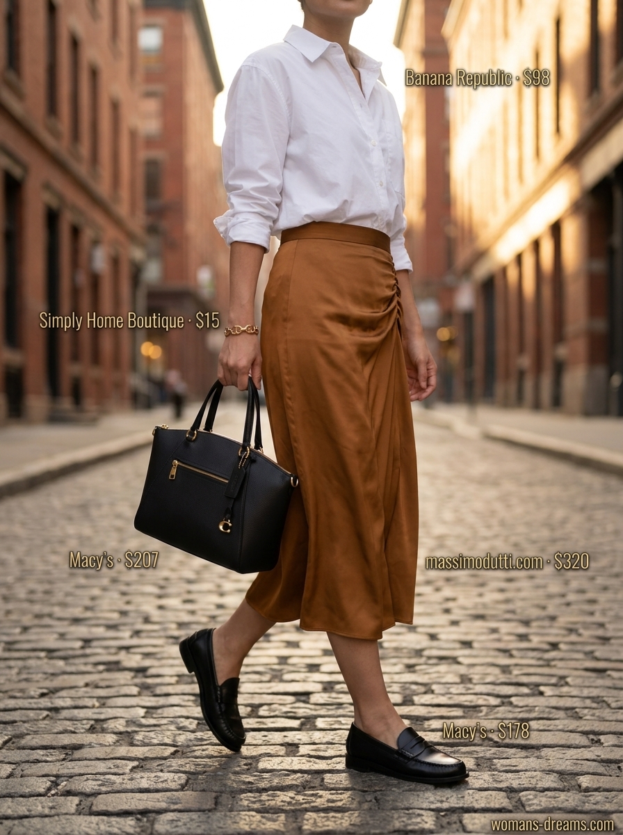 Summer outfits for women with brown hair 2026: Caramel silk skirt, white shirt, black loafers for smart casual dinner.